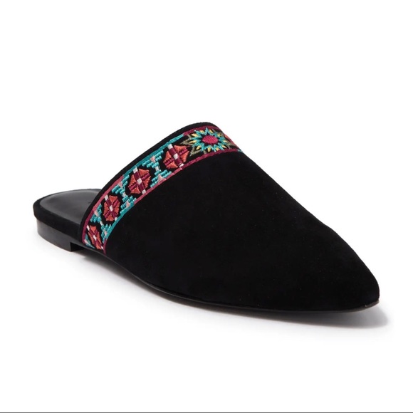 New! Johnny Was Embroidered Leather Slip On Mules Shoes Black